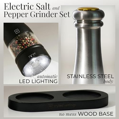 Styled Settings Electric Salt and Pepper Grinder Set, Black & silver | Automatic Stainless Steel Grinders, LED Light, Battery Operated, Adjustable Coarseness, Wood Base, Salt And Pepper Mill - color: Black & Silver