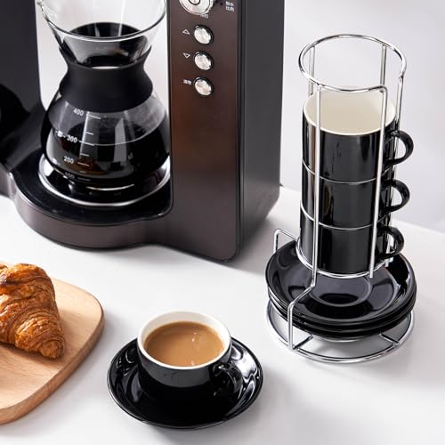 2.5oz Espresso Cups Set of 4, Small Stackable Coffee Cups with Saucers and Metal Stand, Ceramic Demitasse Cups, Cappuccino Cups for Coffee Drinks, Latte, Black - color: Black, size: 2.5oz