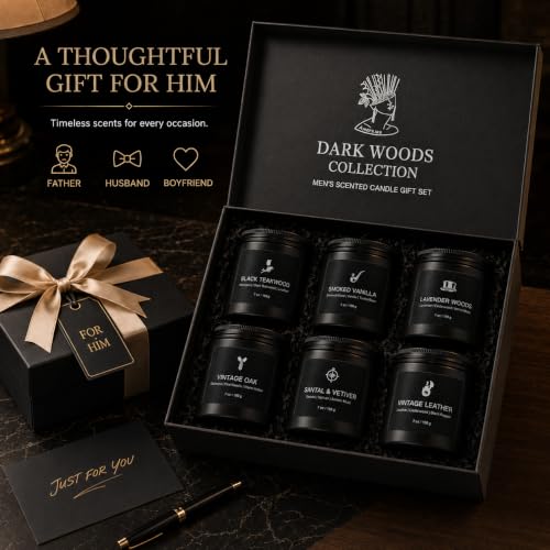Scented Candles for Men, 6 Masculine Scents Set, 7 oz Each | 200H Burn Time, Woody Manly Gift Set, 7% Oil - size: 6 Pack - New Aroma