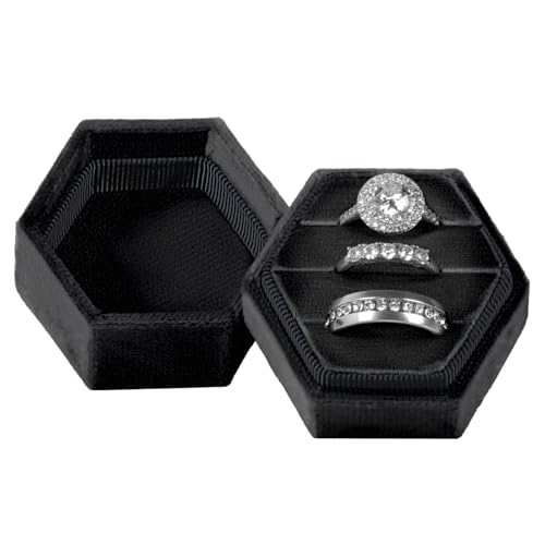 MFXIP Velvet 3 Slots Jewelry Ring Box Engagement Wedding Box Keepsake Box Bridal Photo Ring Triple Slots Hexagon - color: Black
