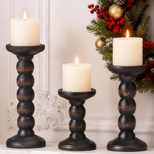 Solid Wood Candle Holder, 3Pcs Rustic Black Candle Holders for Pillar Candles, Decorative Candle Holders Distressed Wooden Farmhouse Candle Holder Large for Fireplace Table - color: Washed Black