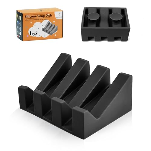 Silicone Soap Dish Self Draining with Suction Cups (Black, 1 Pack) | Waterfall drainage design drains fast to keep soap dry silicone soap saver with reusable suction cups for bathroom & kitchen - color: Black, size: 1