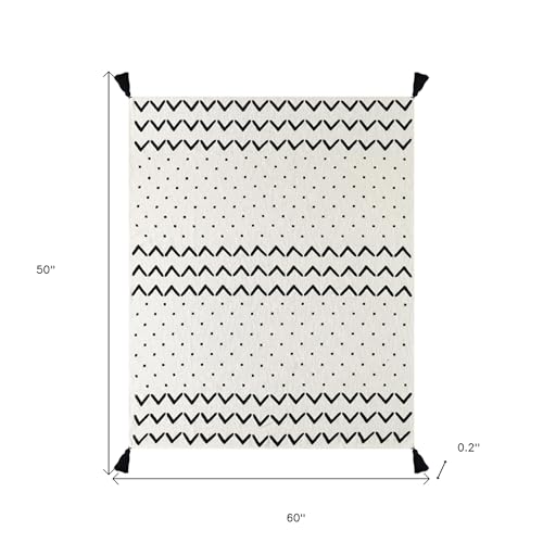 HomeRoots 50" X 60" Black and White Woven Cotton Chevron Throw Blanket with Tassels