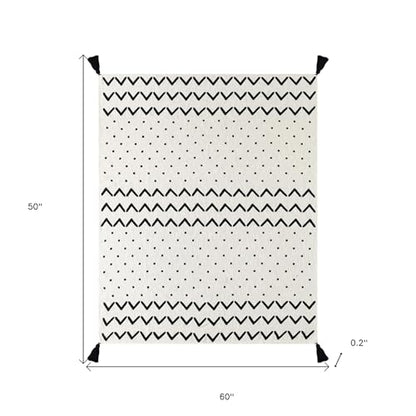 HomeRoots 50" X 60" Black and White Woven Cotton Chevron Throw Blanket with Tassels