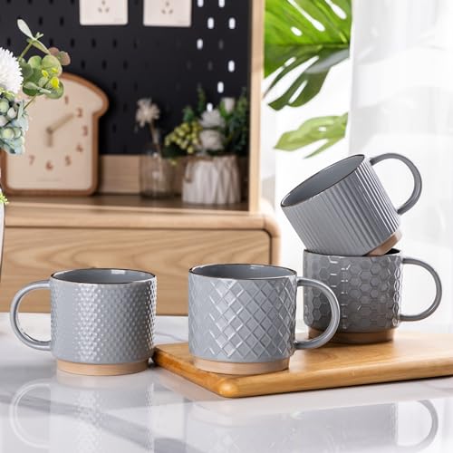 GBhome 12 OZ Stackable Coffee Mugs Set of 4, Ceramic Coffee Cups Set | 4 Assorted Designs, Embossed Mugs with Texture Patterns for Tea/Coffee, Dishwasher&Microwave Safe, Gray - color: Gray, size: 12 Ounces