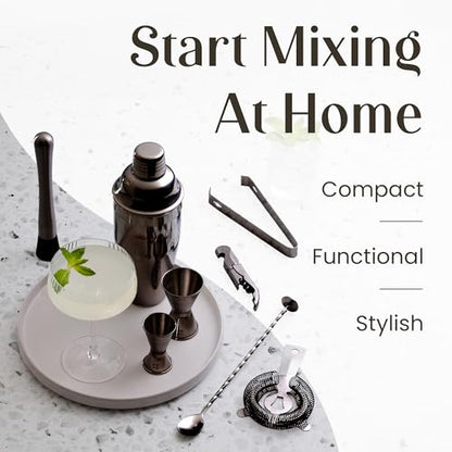 Mixology & Craft Rustic Cocktail Shaker Set – Includes Wood Stand, Complete Barware Kit with 24 Oz Shaker, Dual Jiggers, Pourers, Muddler, Strainer – Perfect for Home Bartenders (Gun-Metal Black) - color: Gun-metal Black