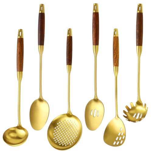 Izurok 18/10 Stainless Steel Kitchen Utensils Set,6 Piece Cooking Utensils With Wood Handle,Heat Resistant Kitchen Tool Set With Spatula, Spoon, Ladle, Skimmer, Slotted Spoon, Pasta - color: GOLD-6 Pieces, size: Small
