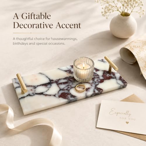 Calacatta Viola Marble Bathroom Tray with Gold Handles, Natural Stone Vanity Organizer for Towels and Essentials (with Handle 30x15cm) - color: With Handle 30x15cm