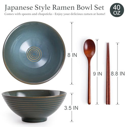 Ceramic Japanese Ramen Bowl Set, 2 Sets Asian Pho Udon Soup Noodle Bowls with Spoons and Chopsticks (Olive Green, 8 inches) - color: Olive Green