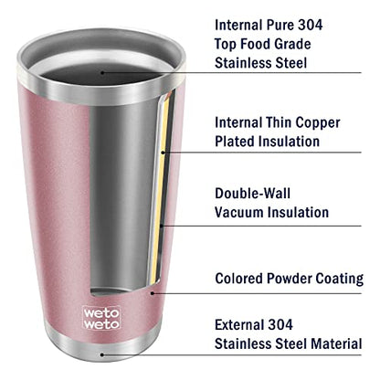 WETOWETO 20oz Insulated Stainless Steel Coffee Mug, Double Wall Vacuum Travel Mug with 2 Lids and 2 Straws, Powder Coated Tumbler Cup (Rose Gold,1) - color: A1-Rose Gold, style: Tumbler, 2 Lids, Straw
