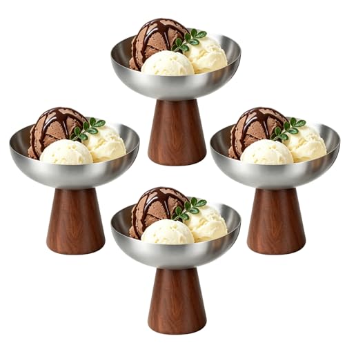 choxila Ice Cream Bowls Set of 4 - Stainless Steel Footed Dessert Bowls, Elegant Wood Base Ice Cream Cups, Multipurpose Dessert Cups for Sundaes, Trifle & More(Sliver) - color: Stainless steel wooden feet