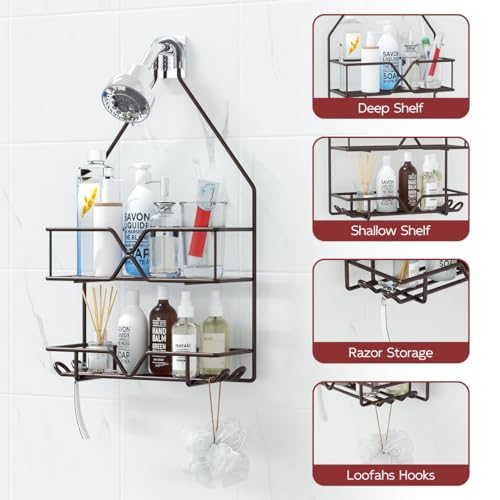 TreeLen Shower Caddy over Shower Head Hanging Bathroom Caddy for Bathroom Organizer 4 Hooks Shampoo Holder-Bronze - color: Bronze