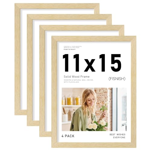 11x15 Picture Frame Set of 4, Natural Solid Wood Frames | Tabletop Display 11x15 Photos without Mat, Horizontal or Vertical Wall Mounting Poster Frame, Oak Wood Grain - color: Natural, size: 11x15