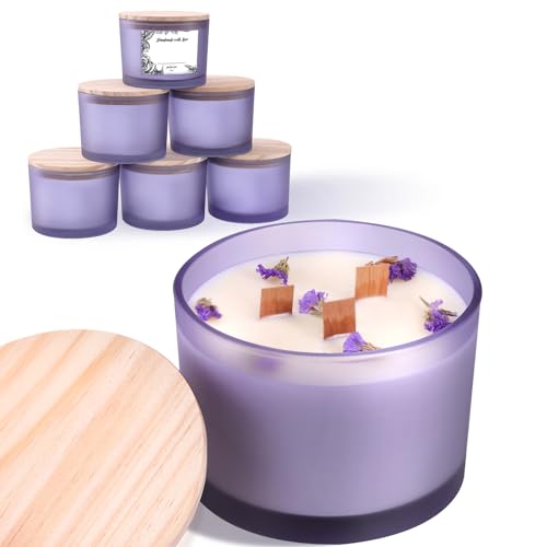 6 Pack Glass Candle Jars with Lids (16oz, Frosted Purple) - Large Candle Jars for 3 Wick Candles Making - Empty Candle Jars Containers - Candle Making Accessories include 16Pcs Candle Labels - color: Frosted Purple