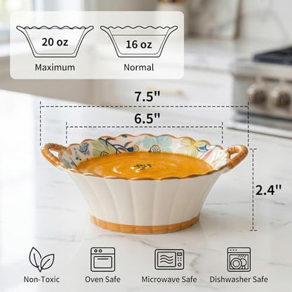Floral Ceramic Soup Bowls with Handles Set of 2, 20 oz, 7.5 Inch | Floral soup bowls with handles for soup, chili, cereal and baked dishes; wide mouth, oven, microwave and dishwasher safe.