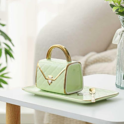 Zubebe 1 Set Coffee Mug Elegant Handbag Shaped Cup Modern Ceramic Purse Mug with Spoon and Saucer, 10oz Cute Creative Tea Cup for Woman Girls Gift (Light Green) - color: Light Green