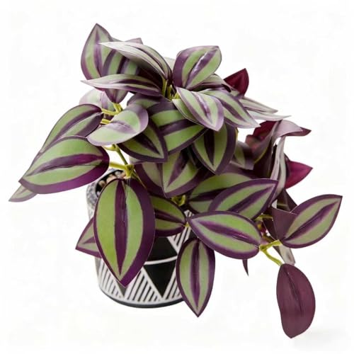 7" Artificial Tradescantia Zebrina Plant in Geometric Ceramic Pot, Lifelike Purple Variegated Vine 8" Wide Faux Indoor Plant for Home Office Desk Shelf Bathroom Decor - color: Purple