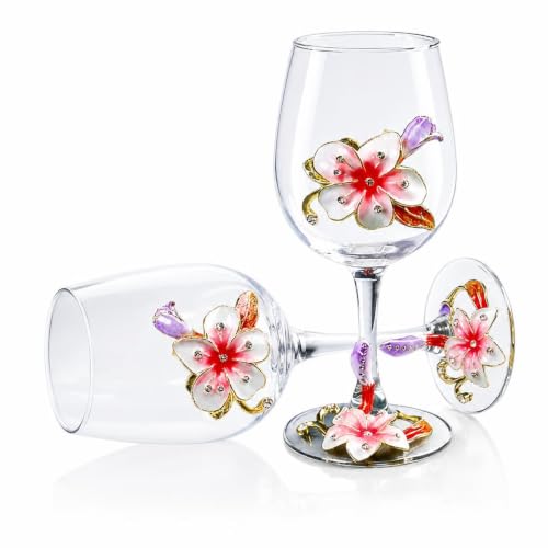 Comeon Flower Wine Glasses Hand Painted Wine Glasses Pink 2 Set | Handmade Enamels Pink Floral Design, Gift Box, Long Stem Crystal Red Wine Glasses, Transparent Glass - color: Pink/ 2 set (gift box)