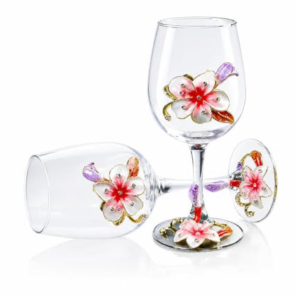 Comeon Flower Wine Glasses Hand Painted Wine Glasses Pink 2 Set | Handmade Enamels Pink Floral Design, Gift Box, Long Stem Crystal Red Wine Glasses, Transparent Glass - color: Pink/ 2 set (gift box)