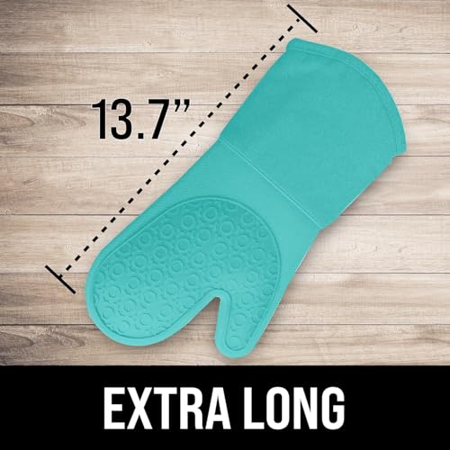 BPA-Free Soft Silicone Oven Mitts - Ultra Heat Resistant Oven Mitts with Thick Cotton Liner - Long Slip Resistant Pot Holders, Flexible Oven Gloves - Turquoise 13.7" - color: Turquoise, size: 2-Piece 13.7" Oven Mitts