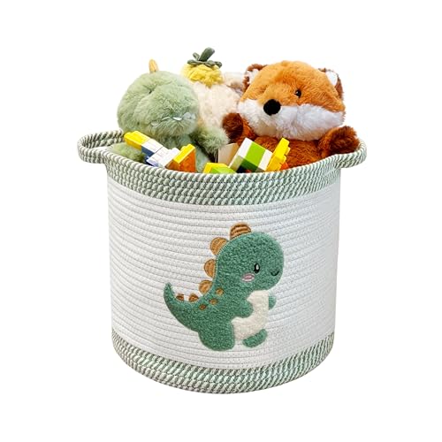 Toy Storage Basket(12"x12"), blanket basket, Cotton Rope Woven Laundry Hamper with Cute Embroidered Dinosaur for Nursery, Living Room, Laundry (Dinosaur) - color: Dinosaur, size: Medium