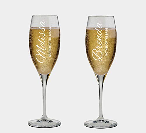 Set of 2 Personalized Wedding Champagne Flutes- Mother of the Bride and Groom Design - Engraved Champagne Glasses for Mother - Flutes for Wedding - color: Wedding-16, style: Only Glasses