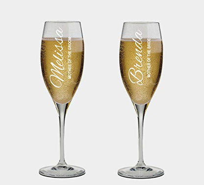 Set of 2 Personalized Wedding Champagne Flutes- Mother of the Bride and Groom Design - Engraved Champagne Glasses for Mother - Flutes for Wedding - color: Wedding-16, style: Only Glasses