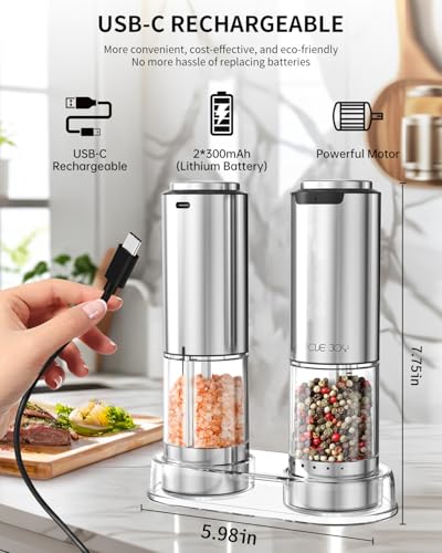 CIRCLE JOY Rechargeable Electric Salt and Pepper Grinder Set with Base, Stainless Steel Pepper Mills with 95ml Container, White LED Light and External Adjustable Coarseness, Silver - color: Rechargeable Set with Base