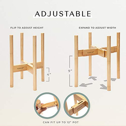 Adjustable Wooden Plant Stand Indoor for 8-12 Inch Pots, Expandable | Premium bamboo adjustable plant stand for 8-12" pots with modern style. Pot not included - color: Bamboo