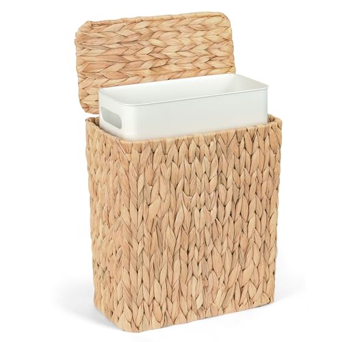 iEGrow Wicker Trash Can, Bathroom Trash Can with Lid, 3 Gallon Natural Water Hyacinth Waste Basket with Removable Liner, for Bedroom, Living Room, Toilet, Under Sink - color: Brown, size: Square