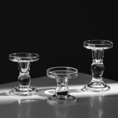 GUTE Glass Candle Holders 3 Pcs Crystal Clear Candlesticks Table Decor | Pillar/Taper/Tealight Candle Compatible,Thickened Crystal Glass,Stable Base,Wedding Centerpiece,Party,Dining Room,Decor