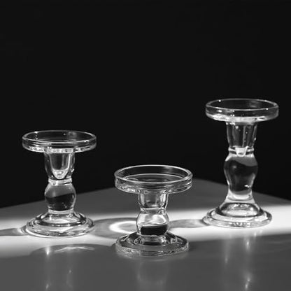 GUTE Glass Candle Holders 3 Pcs Crystal Clear Candlesticks Table Decor | Pillar/Taper/Tealight Candle Compatible,Thickened Crystal Glass,Stable Base,Wedding Centerpiece,Party,Dining Room,Decor