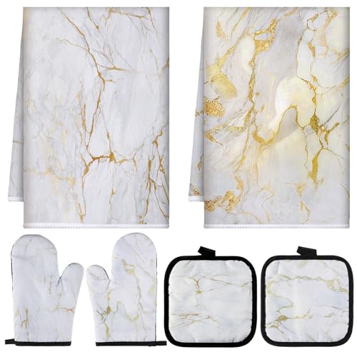 Sratte 6 Pcs Farmhouse Marble Kitchen Towels Pot Holders Oven Mitts Set 2 Dish Towels 2 Potholders 2 Cooking Mittens Oven Glove for Cooking Baking Grilling Supply (White, Gold) - color: White, Gold