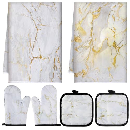 Sratte 6 Pcs Farmhouse Marble Kitchen Towels Pot Holders Oven Mitts Set 2 Dish Towels 2 Potholders 2 Cooking Mittens Oven Glove for Cooking Baking Grilling Supply (White, Gold) - color: White, Gold