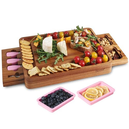 hecef Pink Large Charcuterie Board Set with Stainless Steel Cheese Knives, Cheese Board Set Wooden Appetizer Platter for Housewarming, Weddings, Birthdays & More, Forks & Pull-Out Drawers - style: with Drawer-Pink