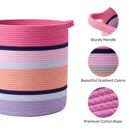 Pink Large Blanket Basket with Handles, 56 L Woven Rope Toy Basket, Foldable Storage Bin for Blankets, Toys & Laundry, stuffy storage for Bedroom & Playroom&Living room (15.7"D * 17.7"H) - size: 15.7"D * 17.7"H