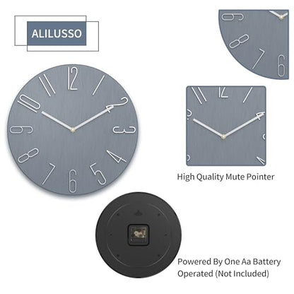 12 Inch Wall Clock Silent Non Ticking, 3D Relief Numbers Modern Style Decor Clock for Living Room Bedroom Kitchen Home Office School (Blue Grey)