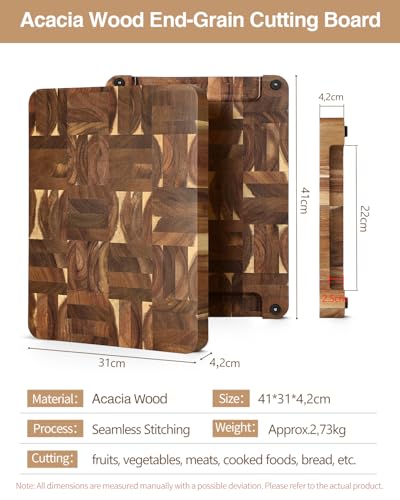 XINZUO Large Thick End Grain Acacia Wood Cutting Board -(16‘’L x 12''W x 1.6''T)-Dark Wood Cutting Board,Reversible Wooden Chopping Board with Non-Slip Feet-Catches Food and Waste-Giftbox - size: 16"L x 1"W