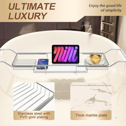 Expandable Stainless Steel Bathtub Caddy Tray with White Marble Board, | Extra Wide Rustproof Shelf, Book Tablet & Wine Glass Stand For Luxury Home Spa(Silver+White) - color: Silver+white