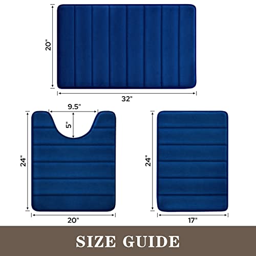 BYSURE Navy Blue Memory Foam Bathroom Rug Set 3 Piece, Non Slip Extra Soft Absorbent Bath Mats, Machine Washable & Dry Toilet Mat Sets for Bathroom Floor | Non Slip Extra Soft Absorbent Machine Washable Toilet Bath Toilet Mat 17"x24"+20"x32"+U Shape 20"x2