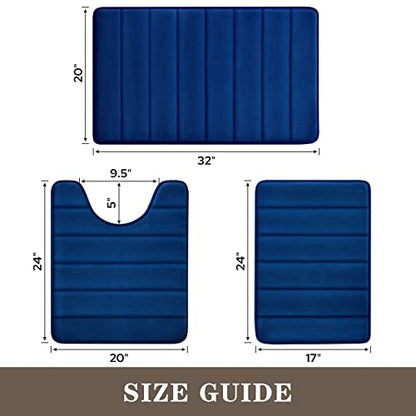 BYSURE Navy Blue Memory Foam Bathroom Rug Set 3 Piece, Non Slip Extra Soft Absorbent Bath Mats, Machine Washable & Dry Toilet Mat Sets for Bathroom Floor | Non Slip Extra Soft Absorbent Machine Washable Toilet Bath Toilet Mat 17"x24"+20"x32"+U Shape 20"x2