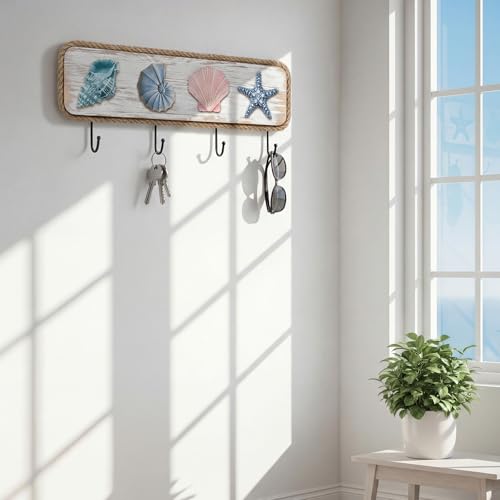 Coastal Beach Towel Hooks Nautical Coat Rack Wooden Seashell Wall Hooks with Screw Summer Ocean Theme Beach House Decor for Entryway Bathroom Hats Keys Towels - style: Beach