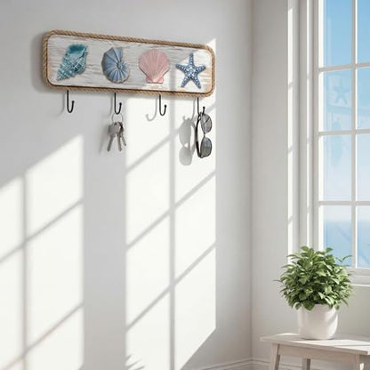 Coastal Beach Towel Hooks Nautical Coat Rack Wooden Seashell Wall Hooks with Screw Summer Ocean Theme Beach House Decor for Entryway Bathroom Hats Keys Towels - style: Beach
