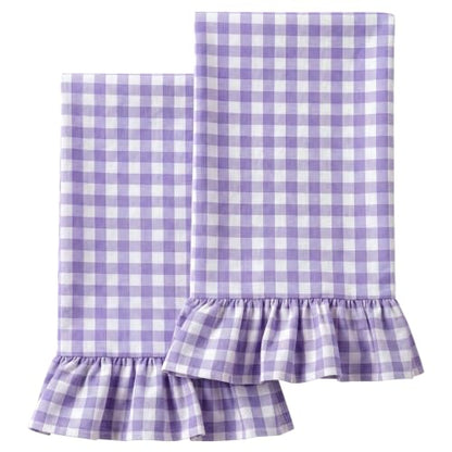 HunnmingRe Purple Kitchen Towels Set of 2, 100% Cotton Ruffled Gingham Dish Towels 18"x28" Absorbent Tea Cloths Classic Plaid Pattern for Farmhouse Charm, Drying Dishes, Entertaining Guests - color: Purple, style: Gingham