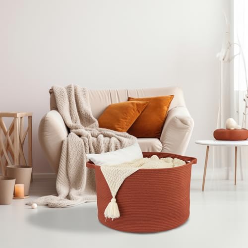 XUANGUO Extra Large Cotton Rope Round Storage Basket 22" x 14" Rustic | Woven basket for blankets, toys, towels, laundry, nursery, living room and pet toy storage. - color: rustic