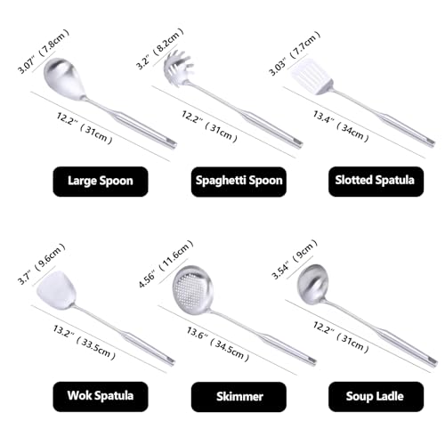 Stainless Steel Kitchen Cooking Utensils Set 6 PCS Dishwasher Safe | Food-grade 304, All Metal, 12-13.6", Wok Spatula, Ladle, Skimmer, Slotted Spatula Turner, Spaghetti Spoon, Large Spoon - color: Natural 6