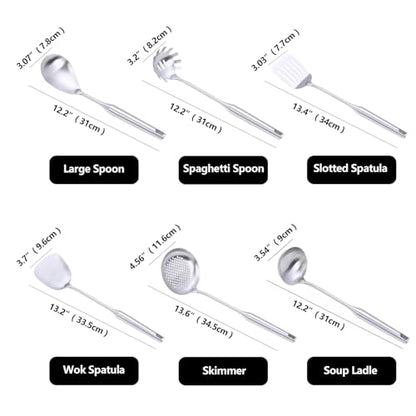 Stainless Steel Kitchen Cooking Utensils Set 6 PCS Dishwasher Safe | Food-grade 304, All Metal, 12-13.6", Wok Spatula, Ladle, Skimmer, Slotted Spatula Turner, Spaghetti Spoon, Large Spoon - color: Natural 6