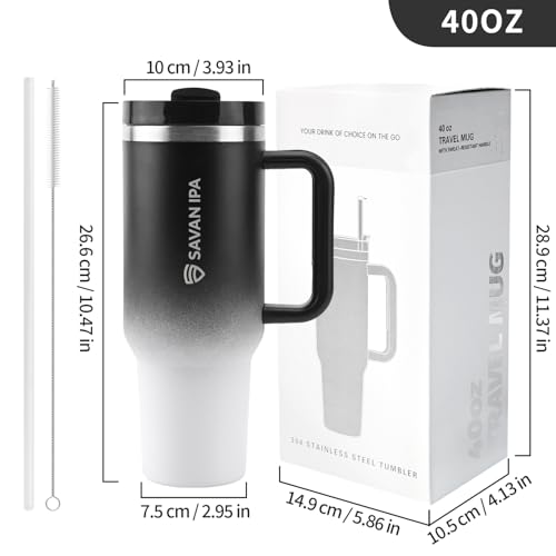 Insulated Tumbler, Black and White, 40 oz | Stainless Steel Vacuum, Handle and Straw, Leak Resistant Lid, Fits Car Cup Holder - color: GRADIENT BLACK, size: 40 oz