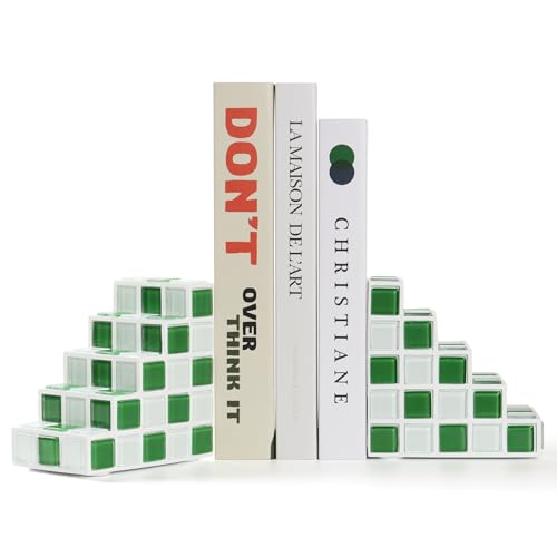 Decorative Bookends for Shelves Stair Book Ends for Heavy Books | Unique Book Stopper & Holder for Shelves, Modern Home Decor Aesthetic Bookshelf Decor, Green & White - color: Green & White