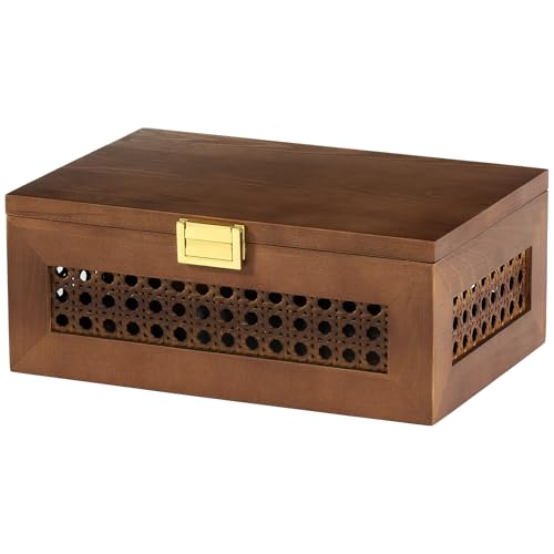 Decorative Rattan Storage Boxes Baskets with Lid Wooden Frame | Solid Wood Woven Wicker Bins, Jewelry Keepsake Container, Natural Boho Decor, Desk Shelf Closet Organizer, Walnut, Small - color: Walnut, size: Set of 1 (Small)